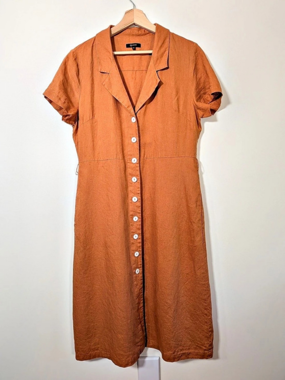 Quince 100% European Linen Button Front Dress Mini Dress in Pumpkin Brown Medium